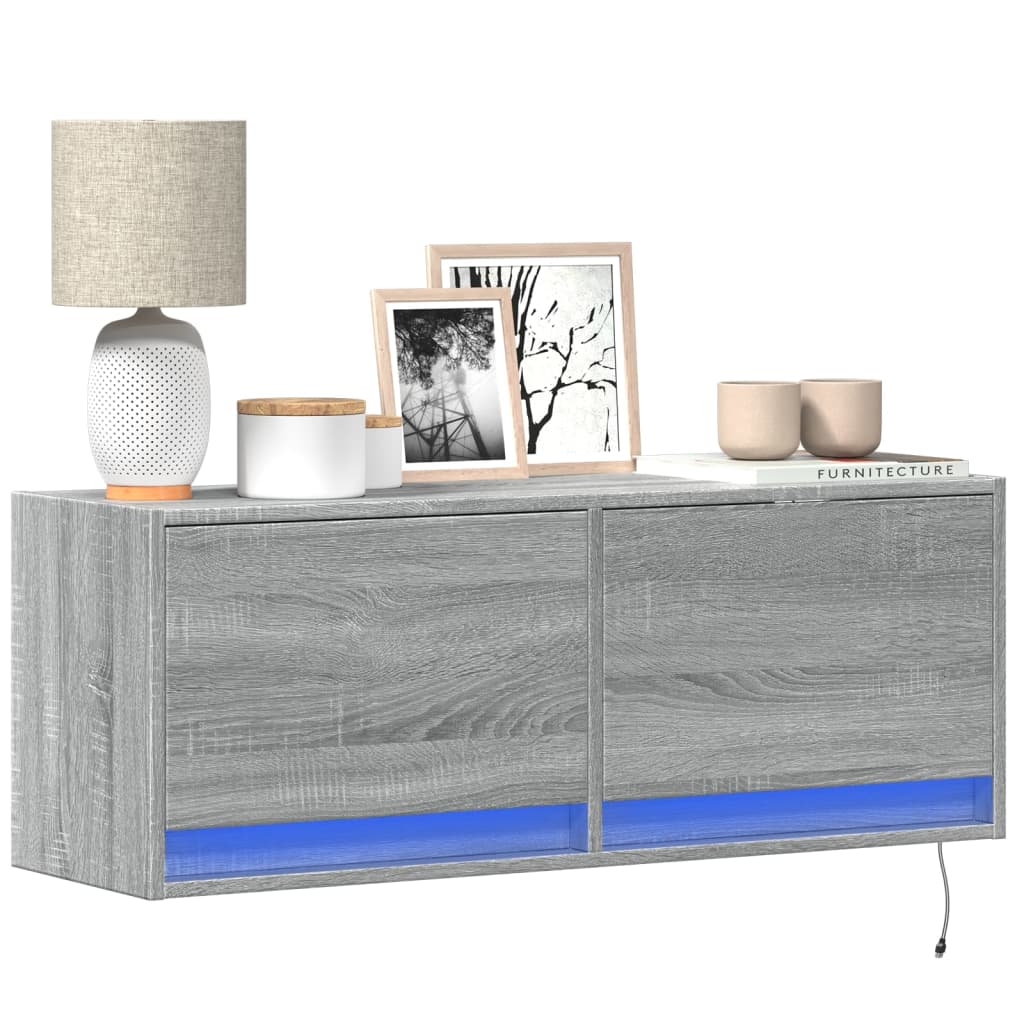 Wall Mounted TV Cabinet with LED Lighting Grey Sonoma 100 x 31 x 35 cm