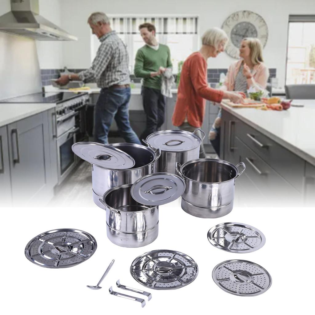 4PCS Stock Pot Set Stainless Steel Induction Cookware Soup Pot with Steam Rack for Kitchen Cooking