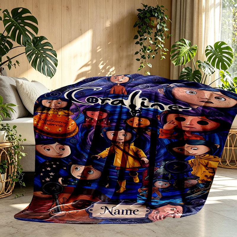 Custom Name Personalized Coraline Print Blanket, Home Decor, Bedroom, Sofa, Camping, Couch, Gifts for Birthday Christmas