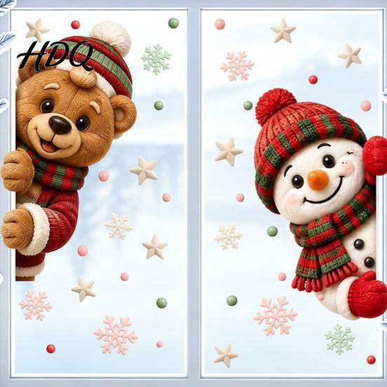 Seasonal Store Window Displays 2Pcs Christmas Clings Cute Bear Snowman Static Decals 16" X Decals 12" Removable Festive Stickers for Glass