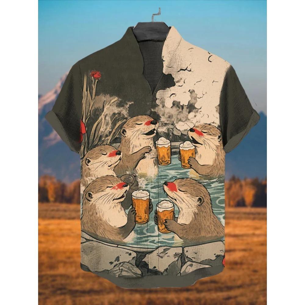 Animal Pattern, Fashion Trend, Street Outdoor, High-Quality And Comfortable Linen Men's Short Sleeved Casual Shirt
