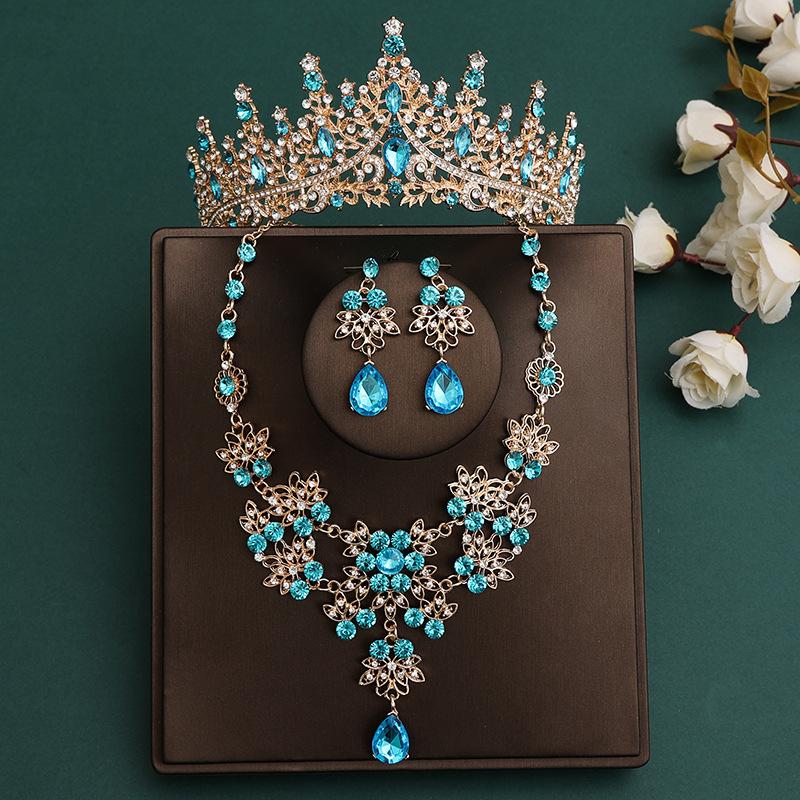 DIEZI Korean Sky Blue Crystal Crown Women Girls Headwear Luxury Bridal Bride Tiaras Necklace Earrings Wedding Party Jewelry Sets