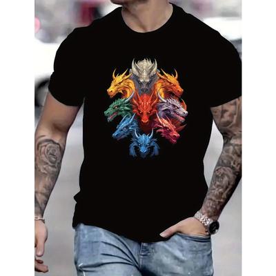 Europäische Größen Herren Sommer Streetwear T-Shirt - Kräftiger mehrfarbiger Drachen-Grafikdruck, Regular Fit Rundhals Kurzarm T-Shirt,
