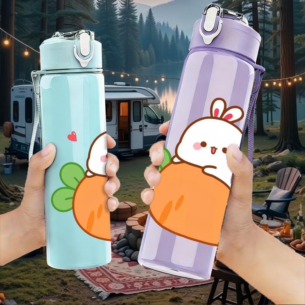 1PC Bunny Sitting Orange Fruit Cartoon Print 750ml Color Plastic Sports Water Bottle Leakproof Flip Straw Lid Suitable for Sports Office Home Use
