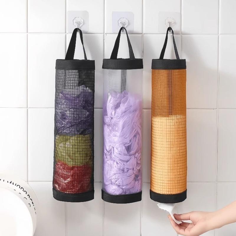 Hanging Mesh Plastic Bag Dispenser Wall Mount Trash Bag Storage Pouch Reusable Garbage Bag Organizer for Kitchen Bathroom