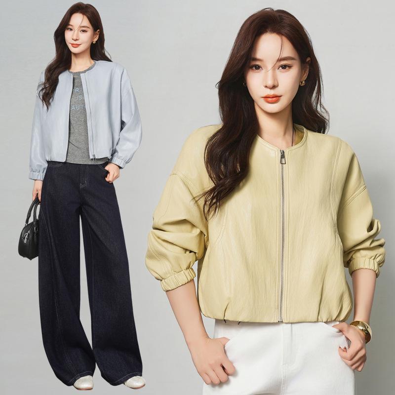 Women’s Genuine Sheepskin Leather Cardigan Jacket - Short, Round Neck, Loose Fit for 2026 Spring/Autumn.