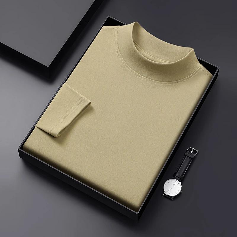 Men's Casual Solid Color High Collar Velvet Long Sleeve T-shirt Spring and Autumn Versatile Comfortable Top