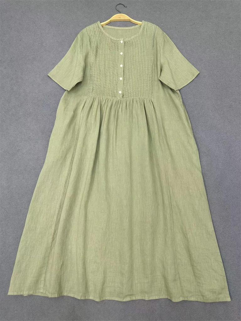 Johnature Letní japonské akordeonové záhyby, ležérní retro jednoduché dámské šaty s krátkým rukávem