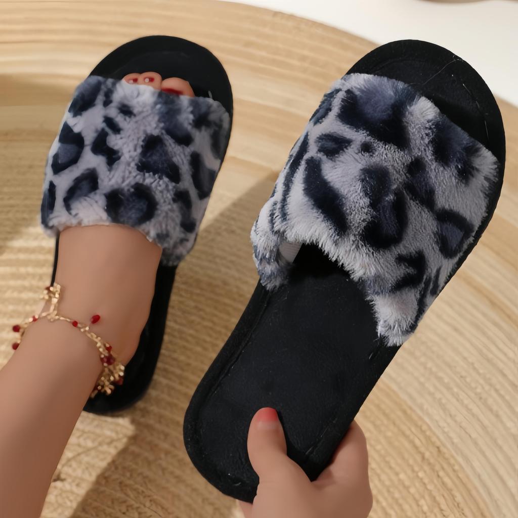 Order A Size Up Women's Luxurious Leopard Print Fuzzy Slippers, Plush Warm Open-Toe Soft Sole Home Floor Slippers