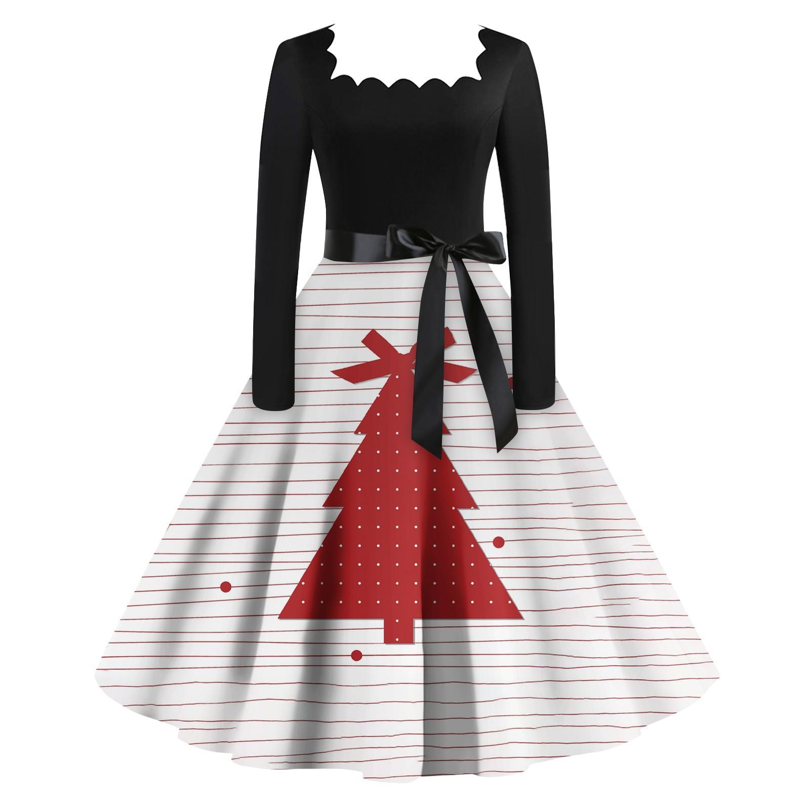 Женская мода винтаж с длинным рукавом квадратный вырез рождественский принт вечерние — фото 8