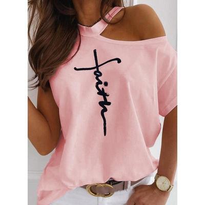 Women Summer Letters Print Hanging Neck Tees Shirt Plus Size Casual Short Sleeve T-shirt