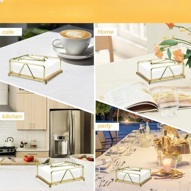 Gold Metal Napkin Holder with Solid Wood Base Ideal for Home Restaurant Hotel Cafe and Outdoor Use Efficient Tissue Dispenser