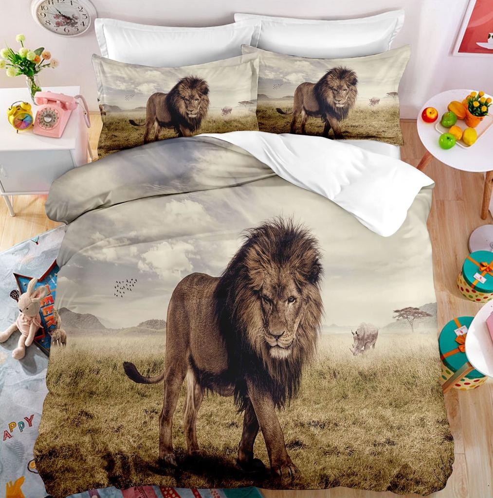 Lion Duvet Cover Set Roaring Lion White Wild Animals Polyester Comforter Cover King Queen Size For Kids Adults Teen Bedding Set