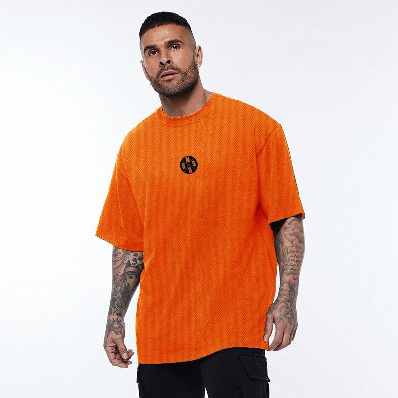 Muscleguys Herren Oversized Fitness O-Ausschnitt Kurzarm Locker Print T-Shirt Herren Fitnessstudio Bodybuilding T-Shirts Mesh Schnelltrocknend Streetwear Sport T-Shirt