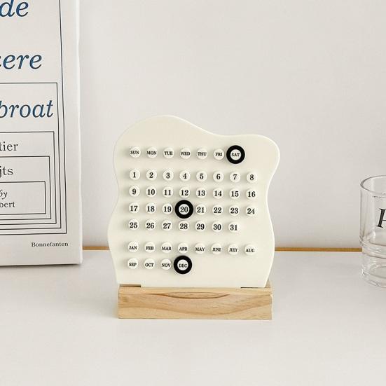 Student Study Desk Accessory Perpetual Block Calendar with Date Marker, Reusable Desktop Wood Base, DIY Ring A Daily Planner for Office Home