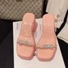 Thick-soled High-heeled Slippers for Women's Summer Outer Wear New Year's Transparent One-word with Rhinestone Thick Heel Premium Cool Slippers