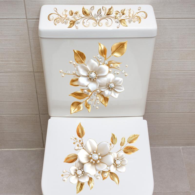 Light Luxury Golden Flower Toilet Sticker Bathroom Waterproof Self-adhesive Water Tank Decorative Sticker