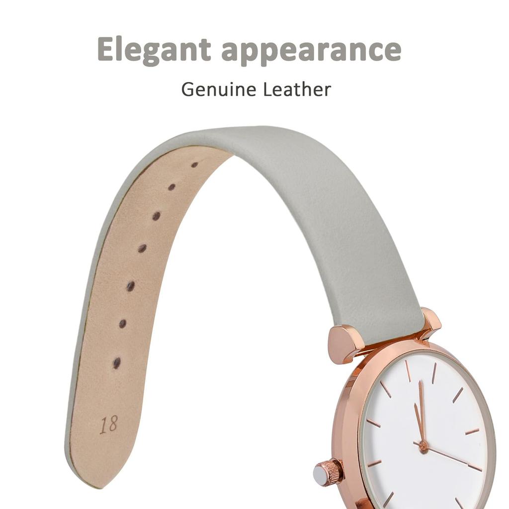 WOCCI Genuine Leather Watch Band, 14mm, Calfskin Leather, Replacement Strap, Gray, with Rose Gold Buckle