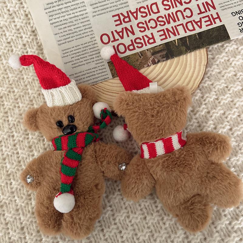 Kawaii Brown Little Bear Plush Keychain Cute Christmas Hat Bear Pendant Squeaking Bear Car Keyring Girls Women Bag Accessories