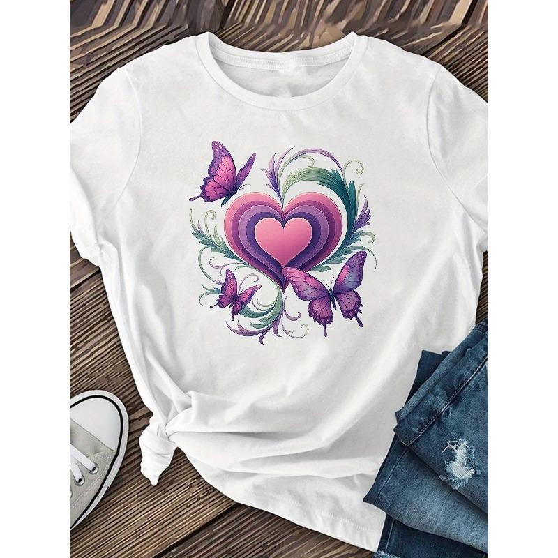 Europäische Größe Herzförmig Bedruckte Damen Kurzarmhemden, Lässige Kurzarm-Rundhals-Oberteile für Frühling und Sommer