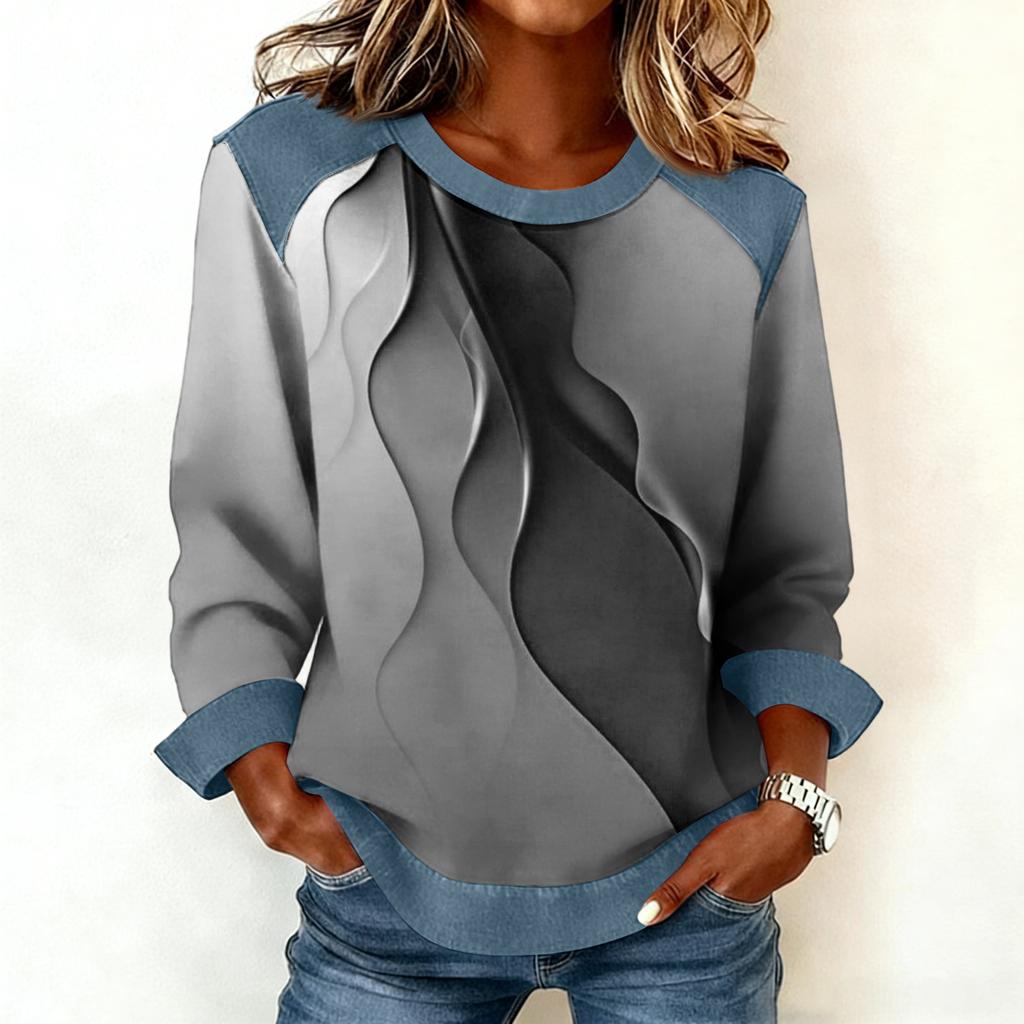 Damen Jeanskragen Patchwork Nähte Sweatshirt Lässig Pullover Langarmshirts