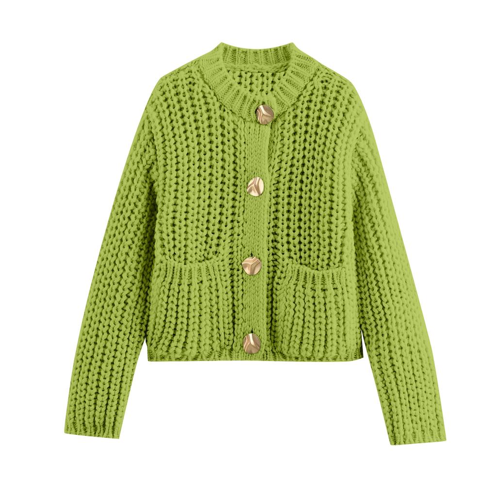 Women's Solid Color Coarse Needle Pocket Button Knit Cardigan Long Sleeved Sweater Jacket
