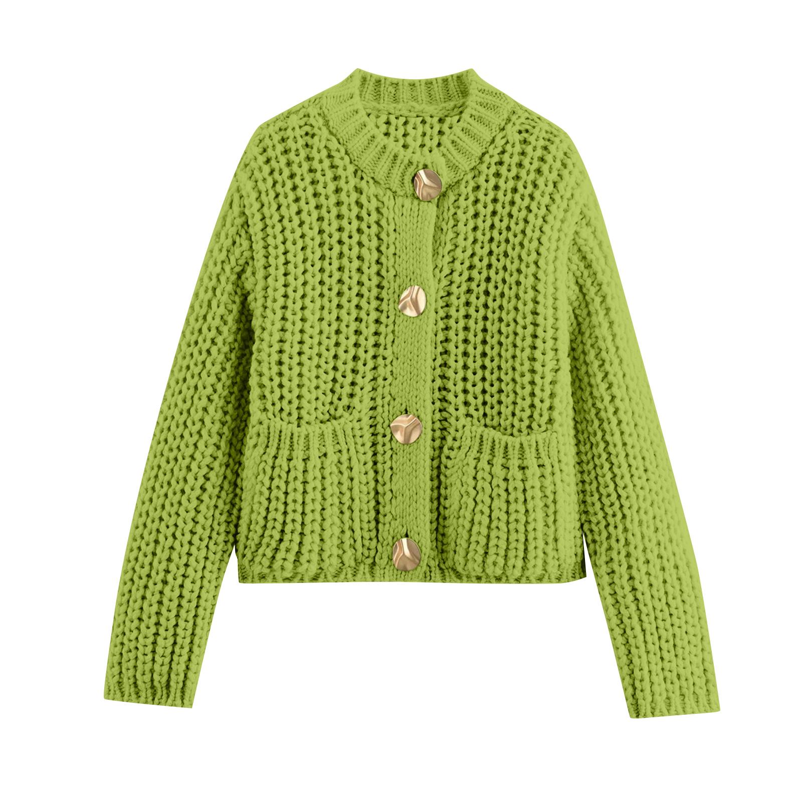 

Women s Solid Color Coarse Needle Pocket Button Knit Cardigan Long Sleeved Sweater Jacket One Size зелёный