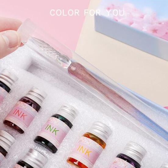 1 Set Dip Pen Translucent Cherry Blossom Decor Paillette Print Glas Ink Pen Set als Geschenk
