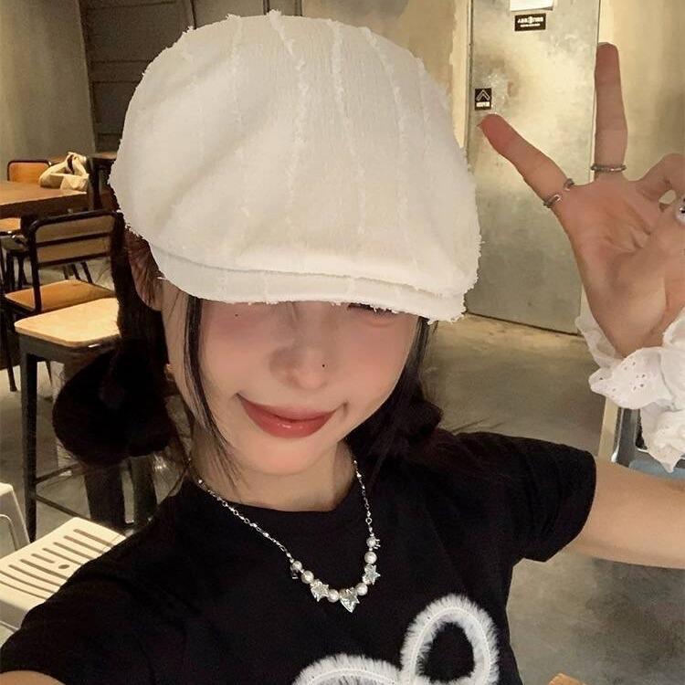 Japanese Retro Solid Color Striped Beret Women's Spring and Summer Literary Retro Versatile Face Showing Small Thin Newspaper Boy's Baseball Cap
