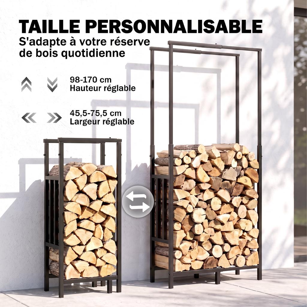 Steel Log Rack, Adjustable Width and Height, Firewood Shelf, Load 100 kg, 75.5 x 25 x 170 cm, Black