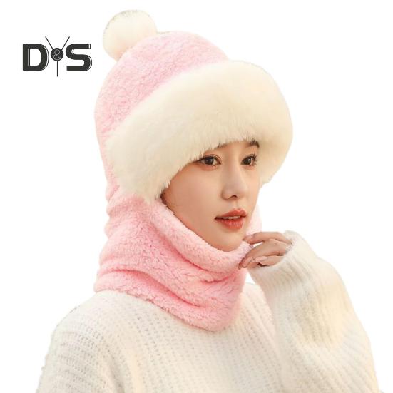 

Женская зимняя шапка со встроенным шарфом, защищающая от холода, спереди, толстый плюш, теплая, полная защита, для езды на велосипеде и путешествий в холодную погоду розовый
