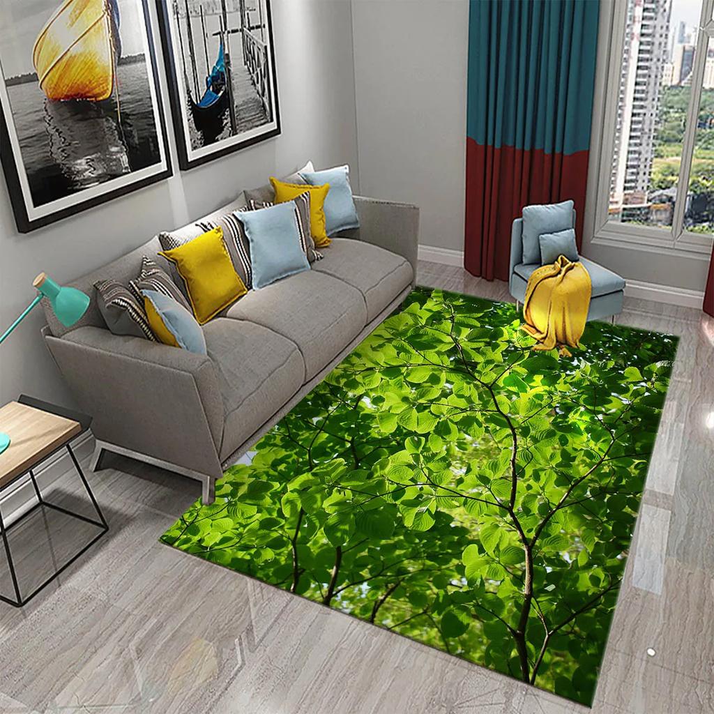 Green Leaves Carpet Natural Landscape Rug Black Rectangle Area Rugs for Adults Yoga Mats Bedroom Living Room Decor Soft Door Mat