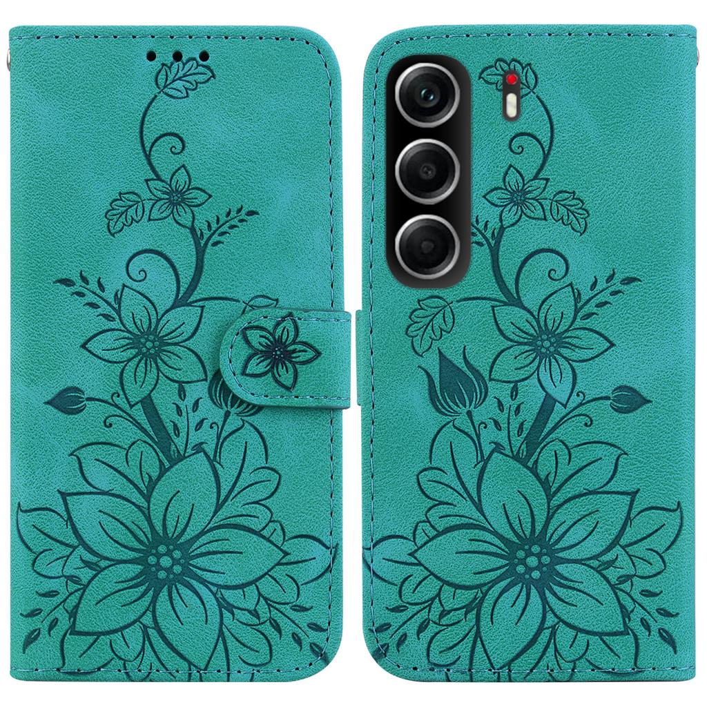 For TECNO Camon 40 4G Stand Case Lily Flower Imprint Leather Phone Cover with Wrist Strap