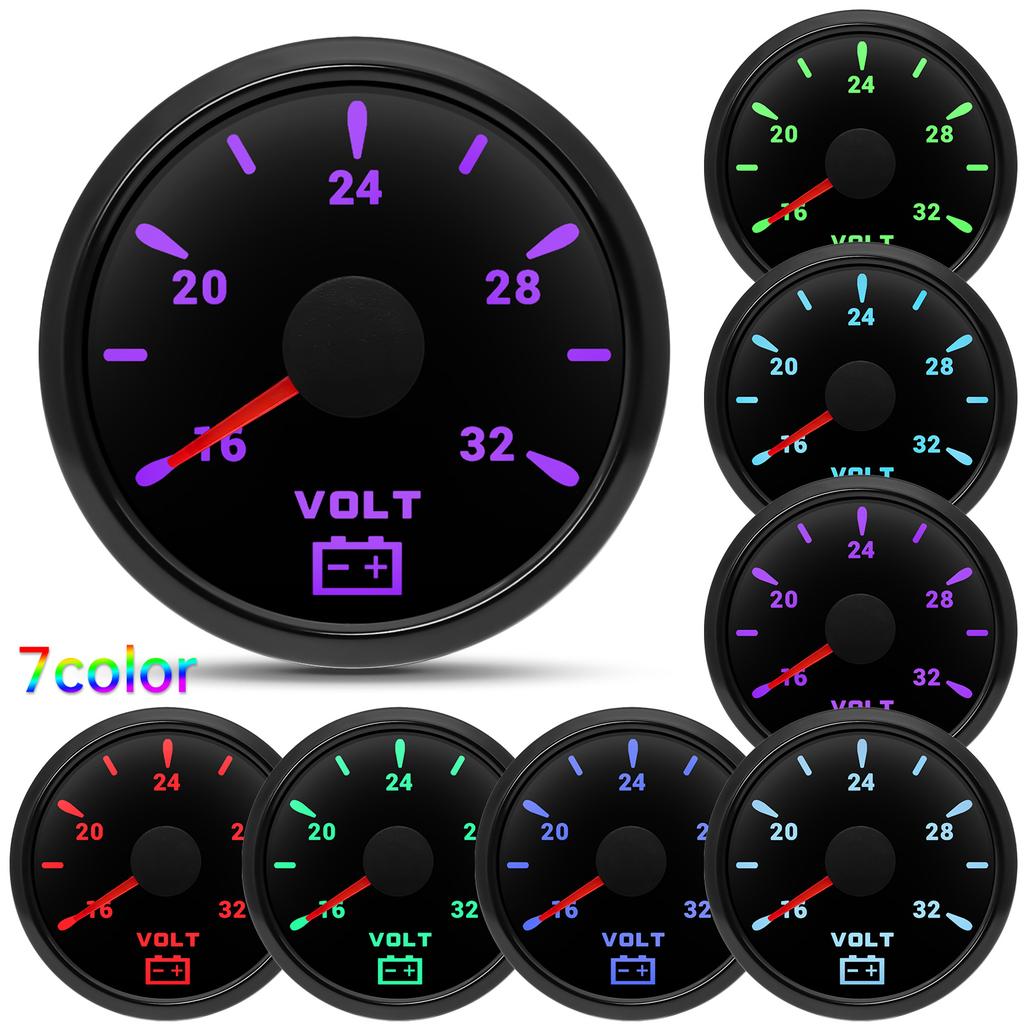 52MM Pointer Voltmeter Waterproof 7 Colors Backlight Voltage Meter 8-16V 16-32V VOLTS for 12V 24V Car Auto Boat Yacht RV Marine