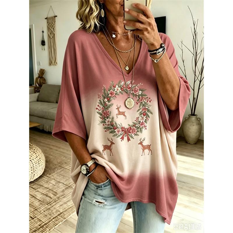 Plus Size Dame V-hals Flagermusærme T-shirt Boheme Etnisk Print Løs Top Sommer Komfortabel Åndbar Daglig Pendling Afslappet Slankende Stil