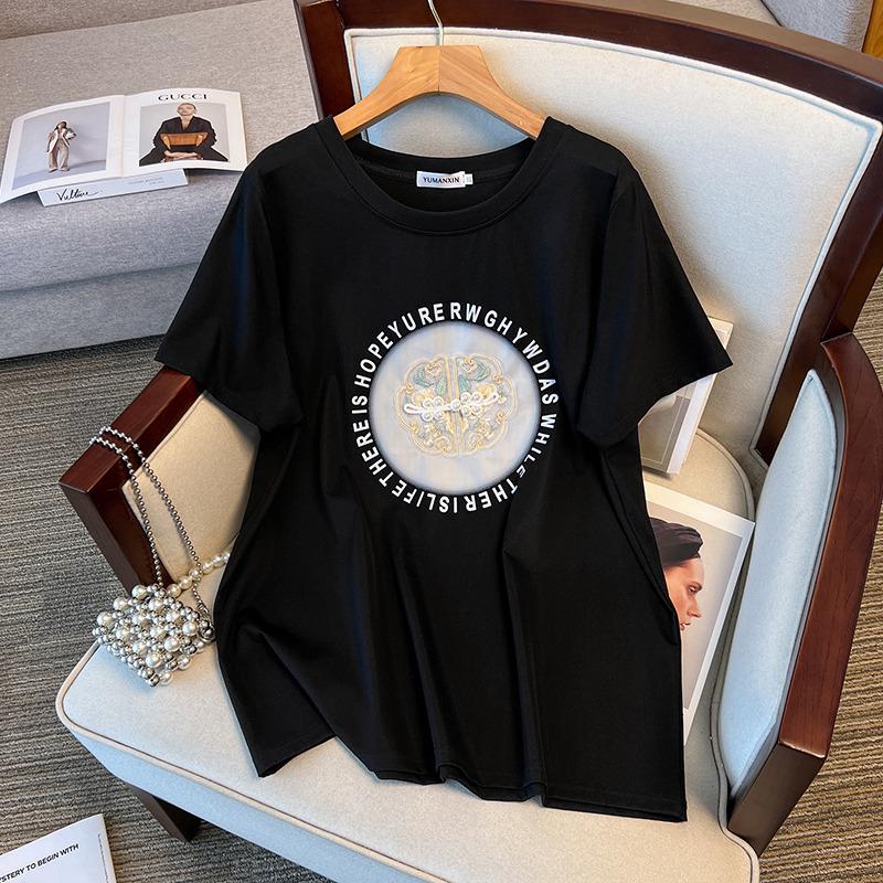 Women's Plus Size Slimming Loose Mid-Length Round Neck Short Sleeve T-shirt 200/300/350 Jin 6308
