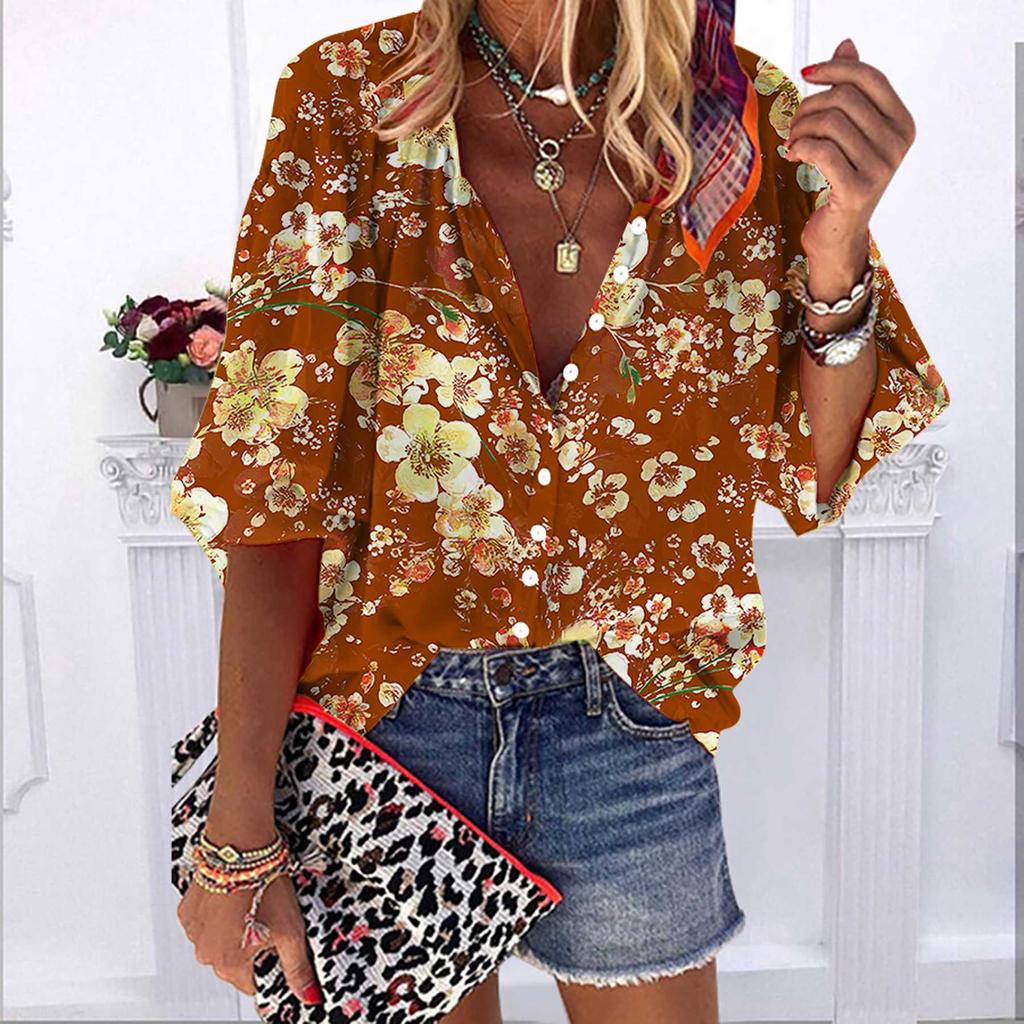 2023 Summer Autumn New Fashion Women's Tops Orange Plum Printed Half Sleeve Casual Plus Size Button-down Shirt with Bubble Sleeves