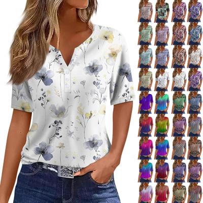 Women's T Shirt Tee Print Button Short Sleeve Daily Weekend Fashion Basic V- Neck Regular Top