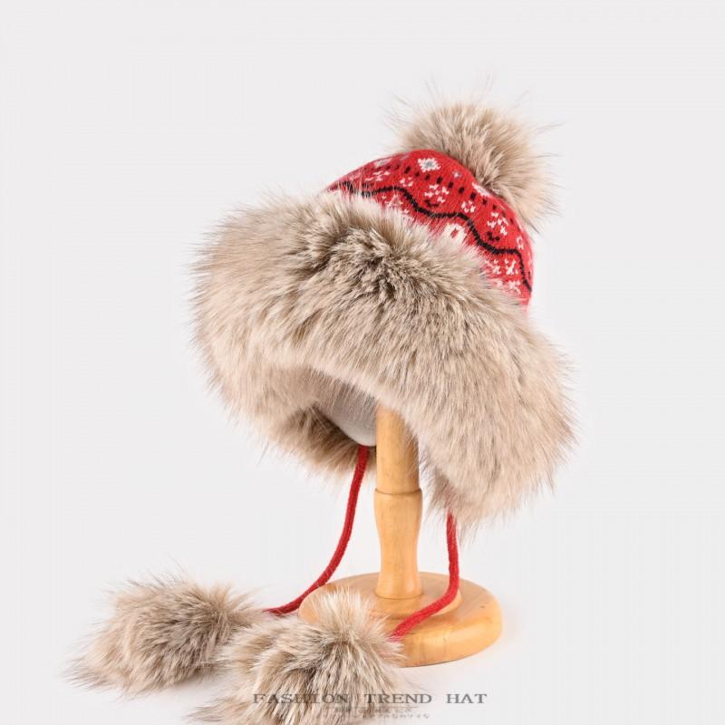 Womens Winter Warm Knitted Beanie Hat With Ear Protection Faux Mink Fur Trim Cable Knit Adjustable Fit