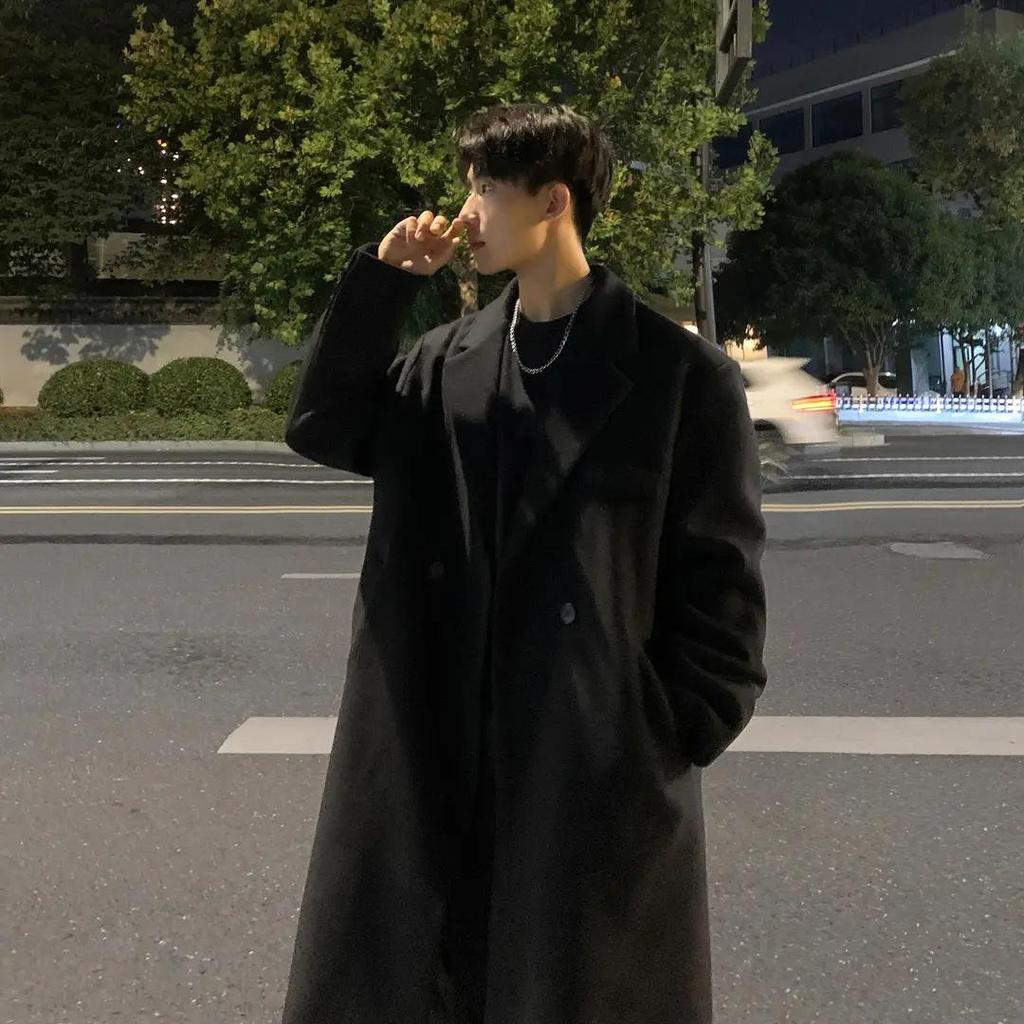 High-End Men's Grey Wool Trench Coat - Trendy, Loose, Mid-Length, Korean-Style, for Autumn and Winter