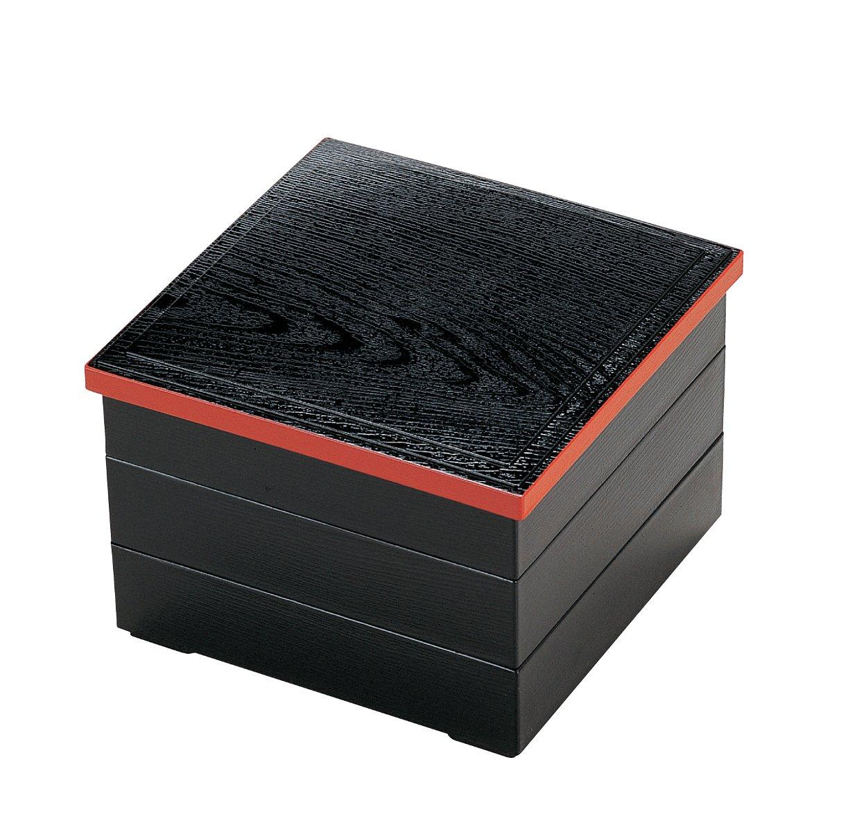 

Трехъярусная коробка Джубако Wakaizumi Lacquerware, 8,5 дюймов, с текстурой дерева, черным ободком, однотонная киноварь (Черный интерьер), H-162-1B