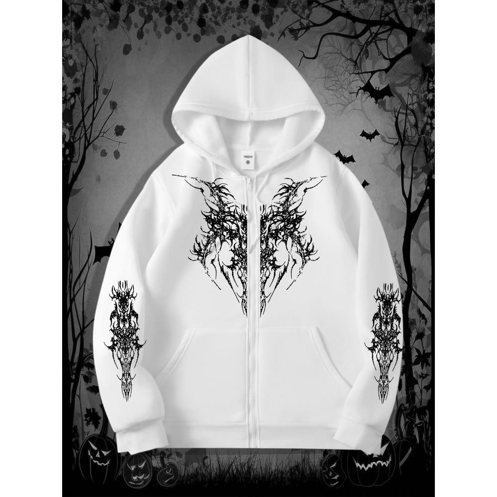 Pánská gotická tmavá mikina s potiskem a zipem, ideální pro ležérní streetové oblečení, skvělá pro trendy outfity, nezbytnost pro Halloween