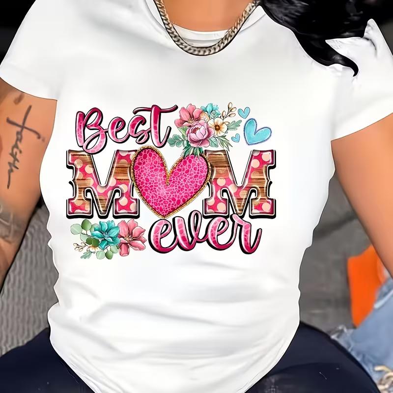 Happy Mother'S Day Floral Heart Print T-shirt. Women'S Summer White Crew Neck Short Sleeve T-Shirt, Casual Short Sleeve Tee.