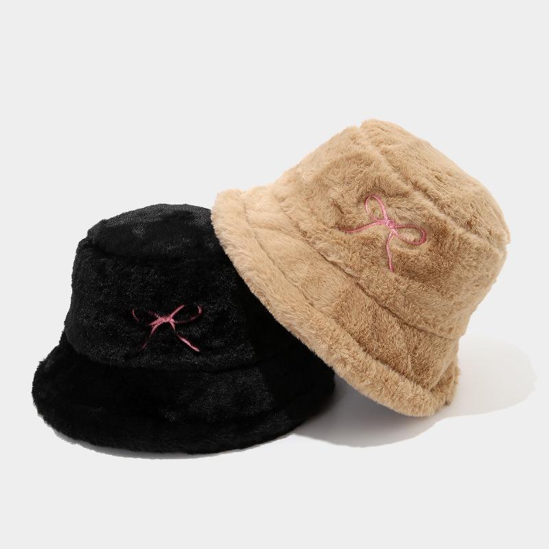 Women S Bow Embroidered Plush Bucket Hat Winter Outdoor Fashion Sun Hat