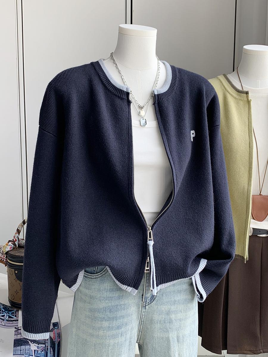 

Вязаный кардиган свободного кроя на двойной молнии для женщин, весенний однотонный, свитер-пальто с вышивкой S (80-100) темно-синий