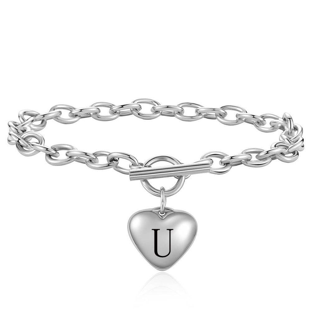 Stainless Steel Heart Bracelet with 26 Letter Pendant and OT Clasp, Customizable Laser Logo