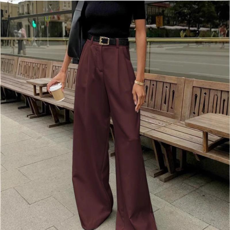 Calça de Terno Estilo Commuter Europeu Americano para Mulheres Moda Versátil Cintura Alta Casual Solta Simples Comprimento Total
