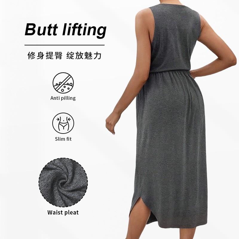 2025 Maternity Sleeveless Round Neck Solid Color Fitted Midi Dress With Pleats Office Casual Wear