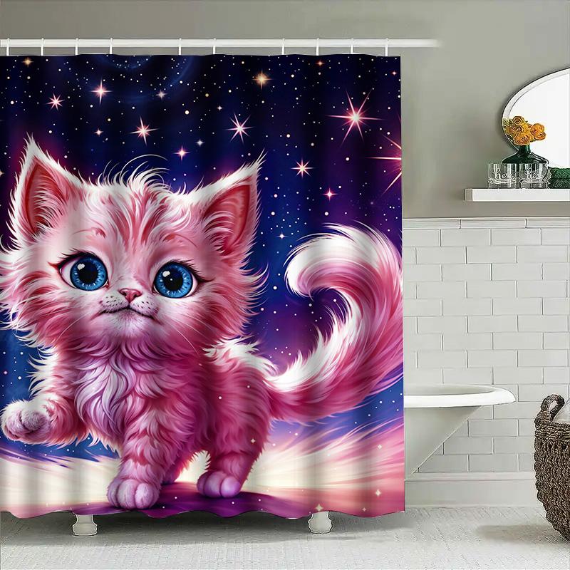 Whimsical Pink Kitty Shower Curtain: Starry Night Fantasy Decoration for Bathroom Decor Ideal Gift Idea (180x200 cm)