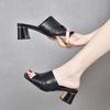 Soft leather cool slippers women's 2025 summer new women's versatile outer wear medium heel thick heel sandals fish mouth women's high heels